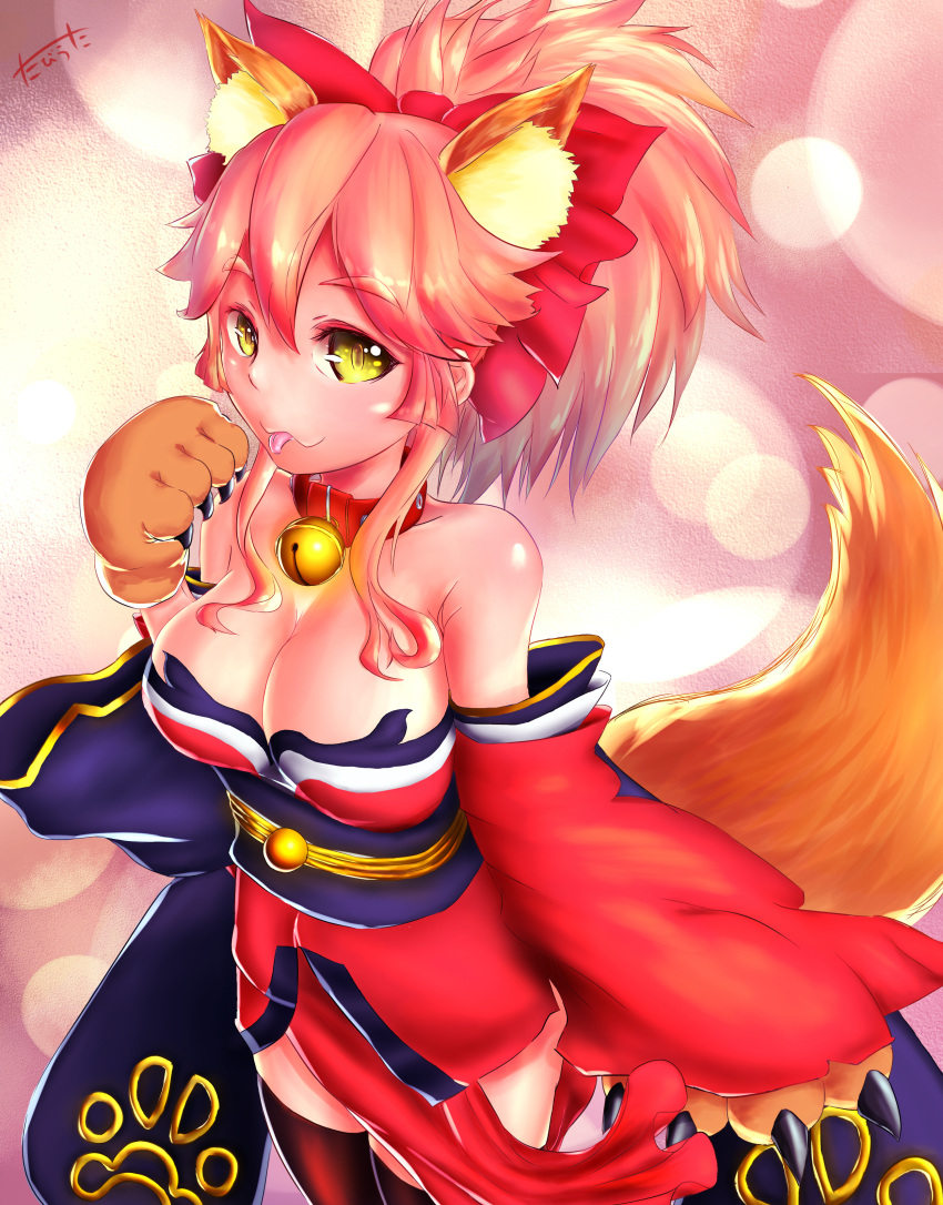 1girl :3 absurdres animal_ears bell bell_collar breasts cleavage collar fate/grand_order fate_(series) fox_ears fox_tail hair_ribbon highres japanese_clothes large_breasts long_hair looking_at_viewer open_mouth pink_hair ribbon solo tabika_(ryoka-moto-ryoka) tail tamamo_cat_(fate/grand_order) thigh-highs tongue tongue_out yellow_eyes