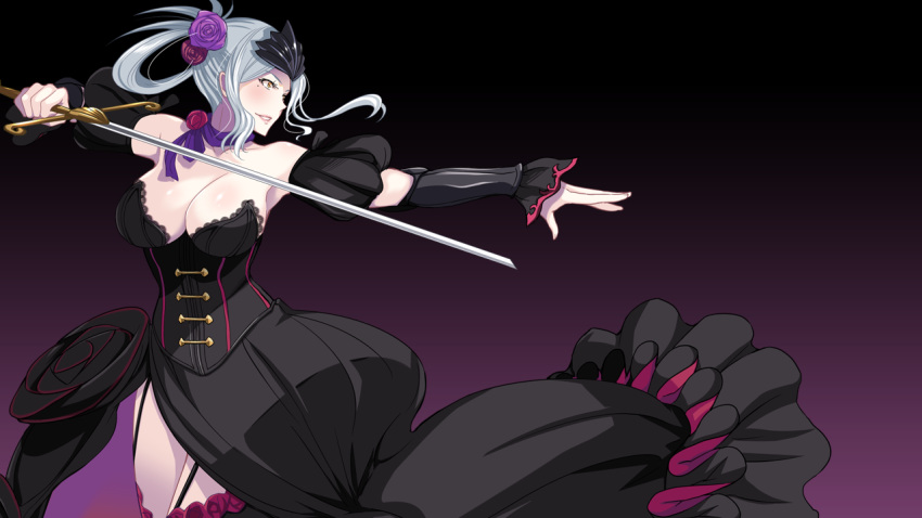 1girl armpits bare_shoulders black_dress blush breasts cleavage dress edwalda_the_black_princess fighting_stance flower game_cg garter_straps hair_flower hair_ornament highres holding holding_sword holding_weapon huge_breasts legs long_hair looking_away mole ponytail sagara_riri scarf simple_background smile solo standing sword thigh-highs thighs tokeidai_no_jeanne:_jeanne_&agrave;_la_tour_d'horloge weapon white_hair yellow_eyes