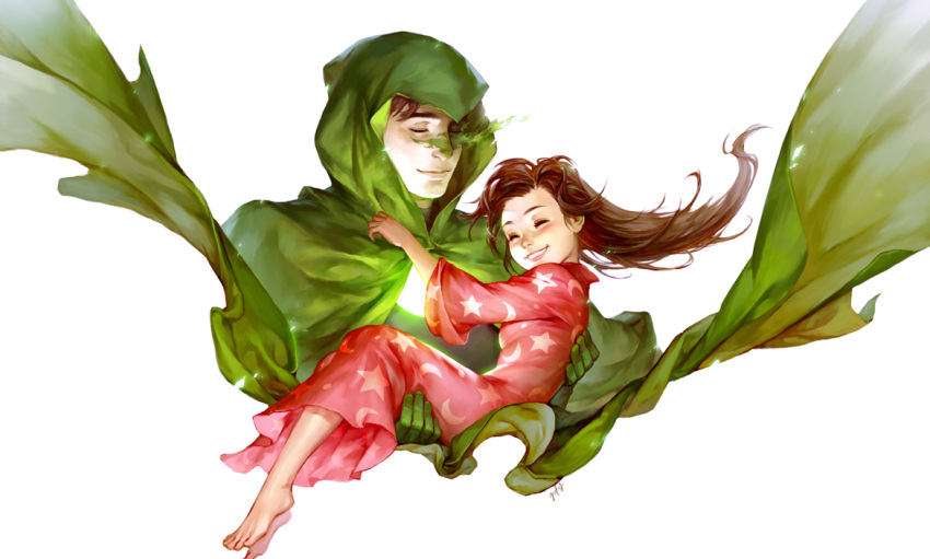 1boy 1girl barefoot brown_hair child cloak crescent_moon dc_comics dress family gloves hal_jordan helen_jordan hood moon niece print_dress smile star star_print uncle uncle_and_niece