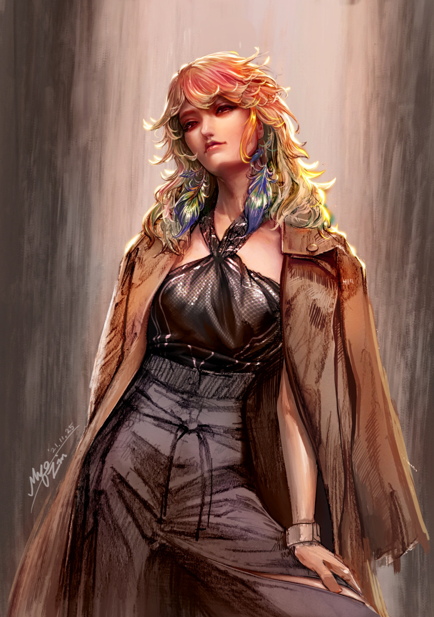 1girl arm_support backlighting bangs blonde_hair breasts brown_coat closed_mouth coat coat_on_shoulders contrapposto cowboy_shot earrings fashion feather_earrings feathers flipped_hair grey_pants halterneck highleg highres hololive hololive_english jewelry leaning_to_the_side lips long_hair long_sleeves multicolored_hair myo-zin orange_hair pants redhead signature smile smirk solo takanashi_kiara torn_clothes torn_pants virtual_youtuber watch watch