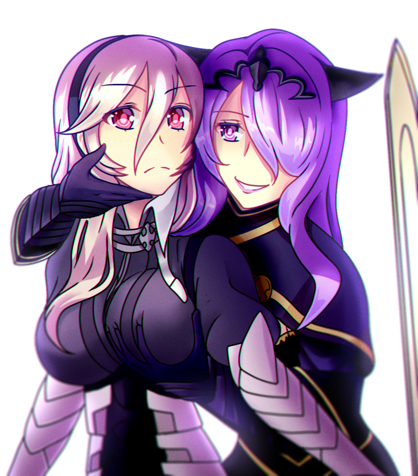 2girls breast_grab breasts camilla_(fire_emblem_if) female_my_unit_(fire_emblem_if) fire_emblem fire_emblem_heroes fire_emblem_if groping highres intelligent_systems kamui_(fire_emblem) large_breasts multiple_girls my_unit_(fire_emblem_if) nintendo parted_lips pink_eyes purple_hair serious violet_eyes you_gonna_get_raped yuri