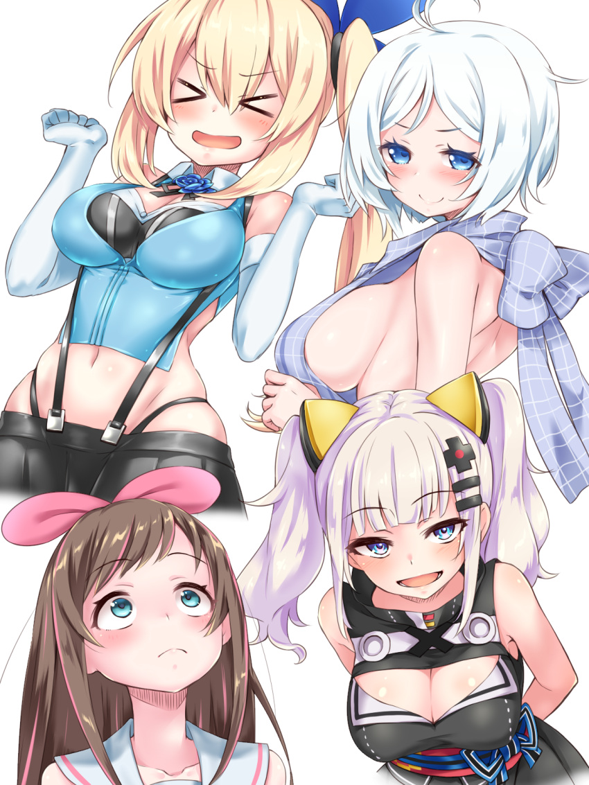 &gt;_&lt; &gt;o&lt; 4girls a.i._channel back bare_shoulders blonde_hair blue_eyes blush breasts brown_hair cleavage clenched_hands dennou_shoujo_youtuber_shiro esoragoto gloves highres install! kaguya_luna kaguya_luna_(character) kizuna_ai large_breasts meme_attire mirai_akari mirai_akari_project multiple_girls navel pleated_skirt sailor_collar shiro_(dennou_shoujo_youtuber_shiro) short_hair side_ponytail sideboob simple_background skirt sleeveless suspenders twintails virgin_killer_sweater virtual_youtuber white_background white_gloves white_hair