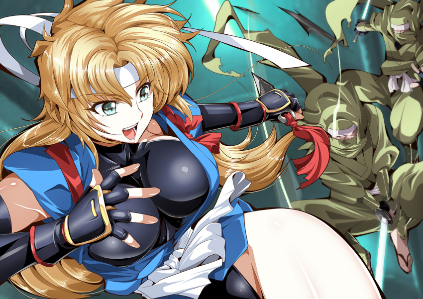 1girl 2boys bare_legs black_leotard blonde_hair bouncing_breasts breasts eyebrows eyebrows_visible_through_hair feet female fighting fingerless_gloves gauntlets gloves green_eyes headband highres holding holding_sword holding_weapon impossible_clothes impossible_leotard japanese_clothes jumping kuikome_sagi large_breasts legs leotard long_hair looking_back male martial_champion multiple_boys ninja open_mouth racheal sandals skin_tight smile sword thighs toes weapon