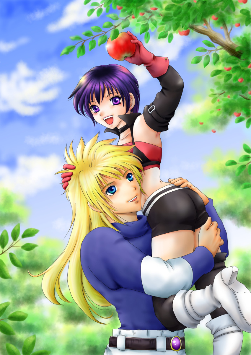 1boy 1girl apple artist_request ass bare_shoulders belt black_legwear blonde_hair blue_eyes boots carrying couple detached_sleeves gloves long_hair open_mouth purple_hair rutee_katrea short_hair short_shorts shorts smile stahn_aileron tales_of_(series) tales_of_destiny thigh-highs tubetop violet_eyes