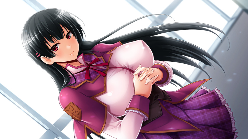 1girl artist_request black_hair blush breasts bursting_breasts erect_nipples hair_ornament large_breasts long_hair looking_at_viewer red_eyes smile solo