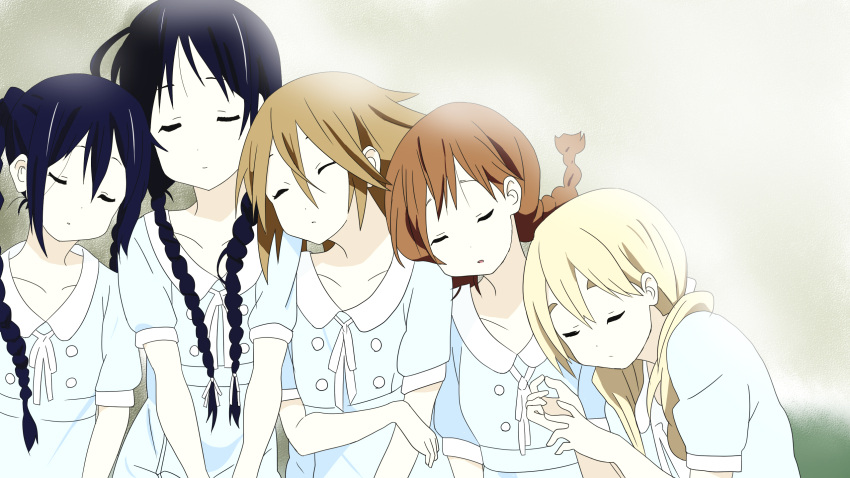 5girls akiyama_mio black_hair blonde_hair braid brown_hair closed_eyes eyebrows highres hirasawa_yui k-on! kotobuki_tsumugi long_hair low_twintails multiple_girls nakano_azusa saku_(kudrove) short_hair singing! sleeping tainaka_ritsu twin_braids twintails