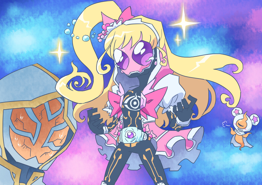 absurdres black_bodysuit blonde_hair cosplay crossover cure_miracle face_mask highres kamen_rider kamen_rider_ghost kamen_rider_ghost_(series) kamen_rider_wizard_(series) mahou_girls_precure! mask otokamu parody precure rider_belt side_ponytail the_white_wizard yurusen