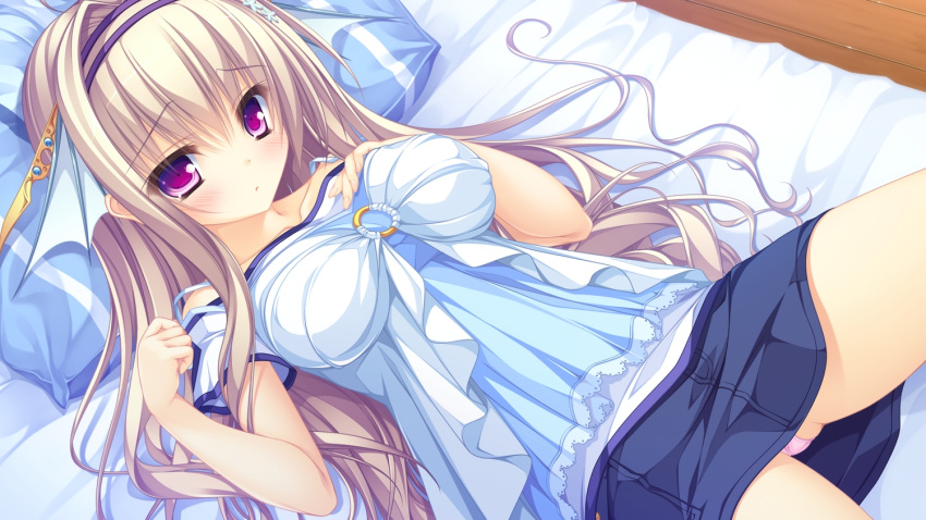 1girl bare_shoulders bed blonde_hair blush breasts female game_cg hairband headband kujiragami_no_tearstilla long_hair looking_at_viewer lying mikagami_mamizu on_back panties skirt solo tenkawa_mitsuki underwear violet_eyes whirlpool