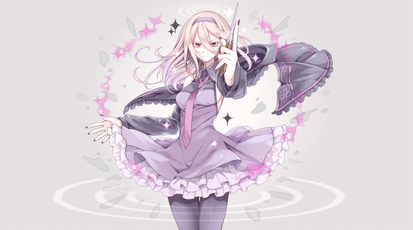 1girl angry black_nails breasts collar dagger dress female frown gahata_meiji grey_background grey_dress headband holding holding_weapon jacket knife long_hair long_sleeves nail_polish necktie outfit pantyhose pink_eyes pink_hair red_eyes sideboob simple_background solo standing tr utau weapon white_hair