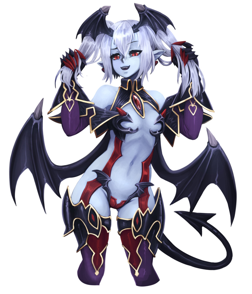 1girl :d barbariank bare_shoulders black_sclera blue_skin breasts bunching_hair cosplay cowboy_shot cropped_legs demon_(monster_girl_encyclopedia) demon_(monster_girl_encyclopedia)_(cosplay) demon_girl demon_tail demon_wings devil_(monster_girl_encyclopedia) earrings elbow_gloves fangs gloves grey_hair hair_between_eyes head_wings heart heart_earrings highres jewelry long_hair looking_at_viewer md5_mismatch monster_girl monster_girl_encyclopedia navel open_mouth pointy_ears red_eyes revision slit_pupils small_breasts smile solo stomach tail thigh-highs transparent_background twintails wings