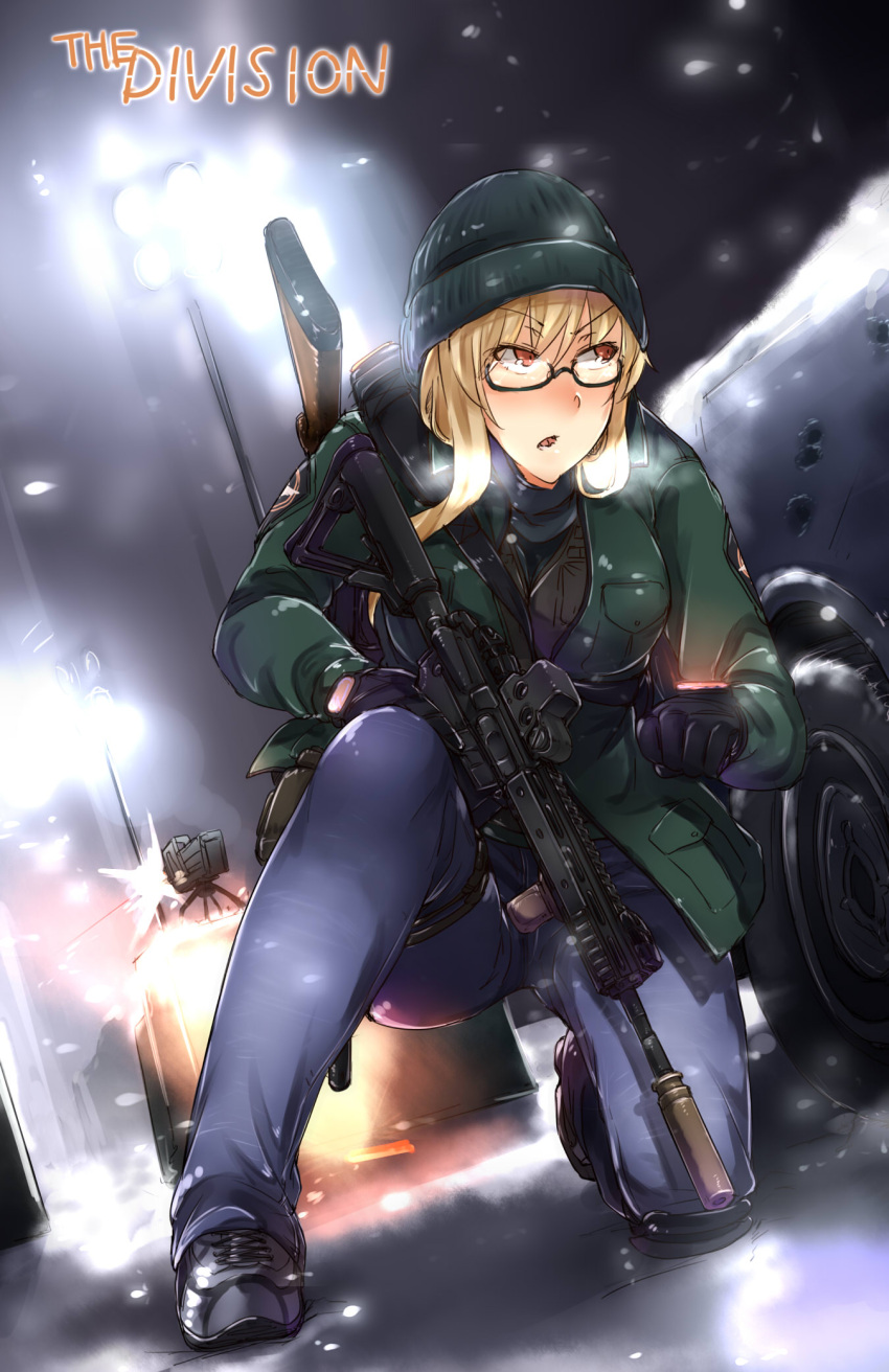 1girl assault_rifle ayyh blonde_hair breath bullet_hole car checking_watch copyright_name eotech firing foregrip glasses gloves green_jacket ground_vehicle gun heckler_&amp;_koch highres hk416 holster jacket knee_pads motor_vehicle one_knee open_mouth red_eyes rifle snow snowing suppressor thigh_holster tom_clancy's_the_division turret vehicle watch weapon winter