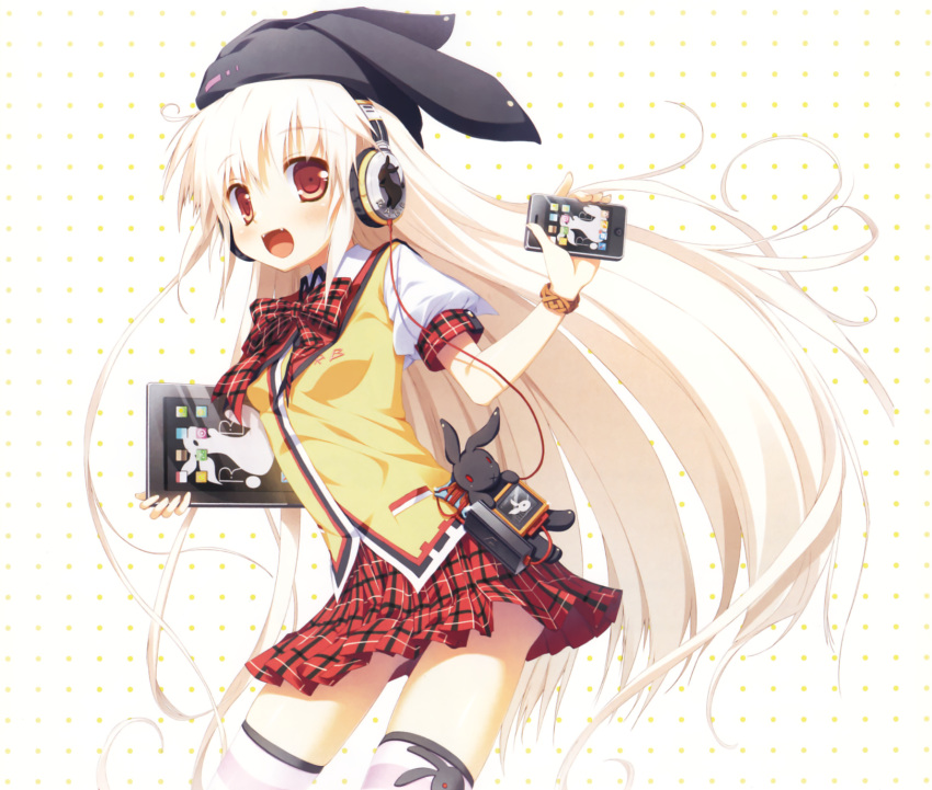 1girl albino blush bracelet fang happy hat headphones ipad jewelry long_hair miniskirt nimura_yuuji open_mouth original phone polka_dot puffy_sleeves rabbit_ears red_eyes ribbon school_uniform shirt skirt sweater_vest t-shirt tablet_pc teeth thigh-highs uniform very_long_hair white_hair white_thighhighs