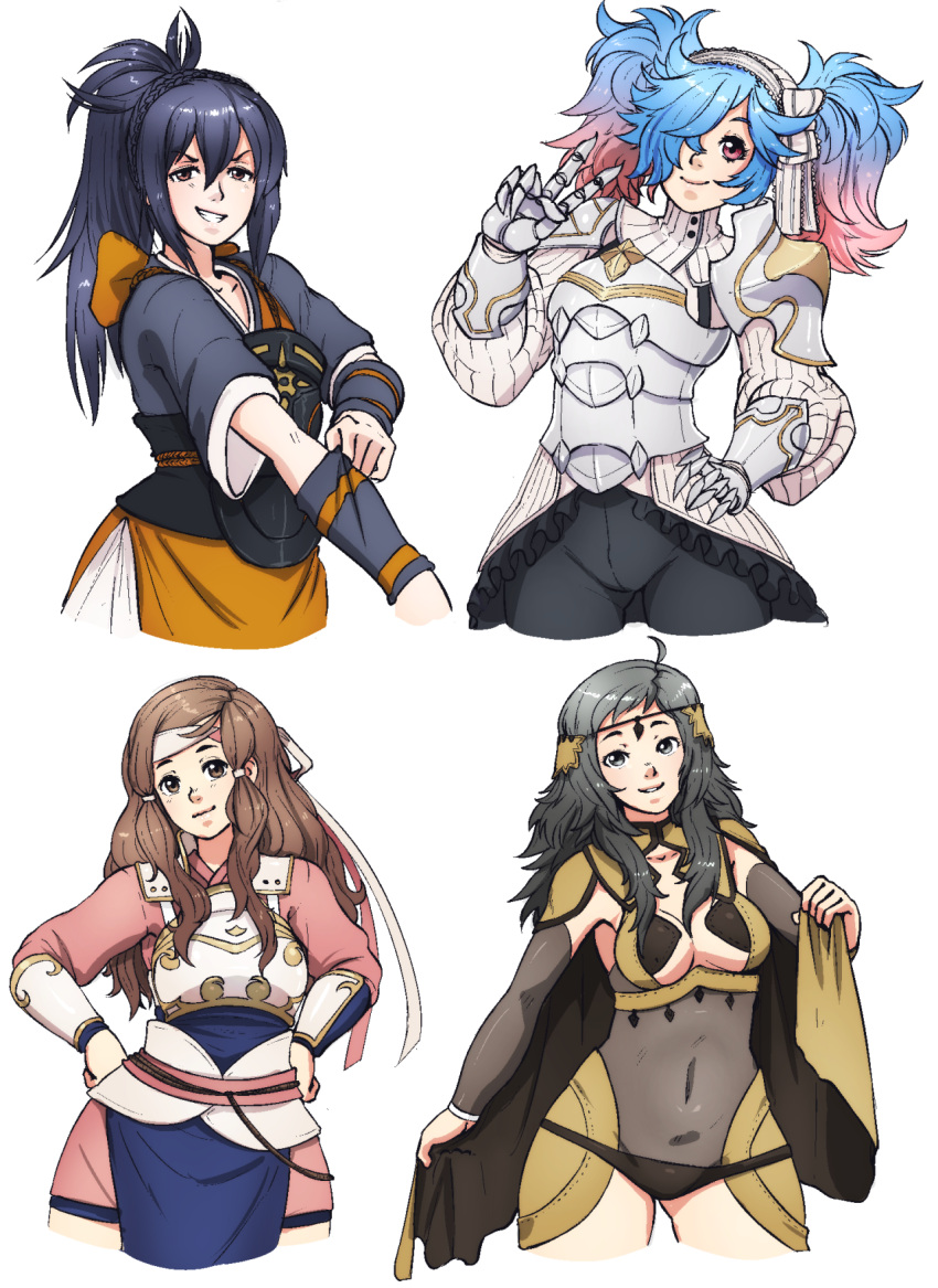 4girls armor barbariank blue_hair breasts brown_eyes brown_hair cleavage fire_emblem fire_emblem_if gradient_hair grey_eyes grey_hair hair_over_one_eye headband kazahana_(fire_emblem_if) long_hair messy_hair multicolored_hair multiple_girls oboro_(fire_emblem_if) ophelia_(fire_emblem_if) pieri_(fire_emblem_if) pink_eyes pink_hair ponytail simple_background smile twintails two-tone_hair white_background