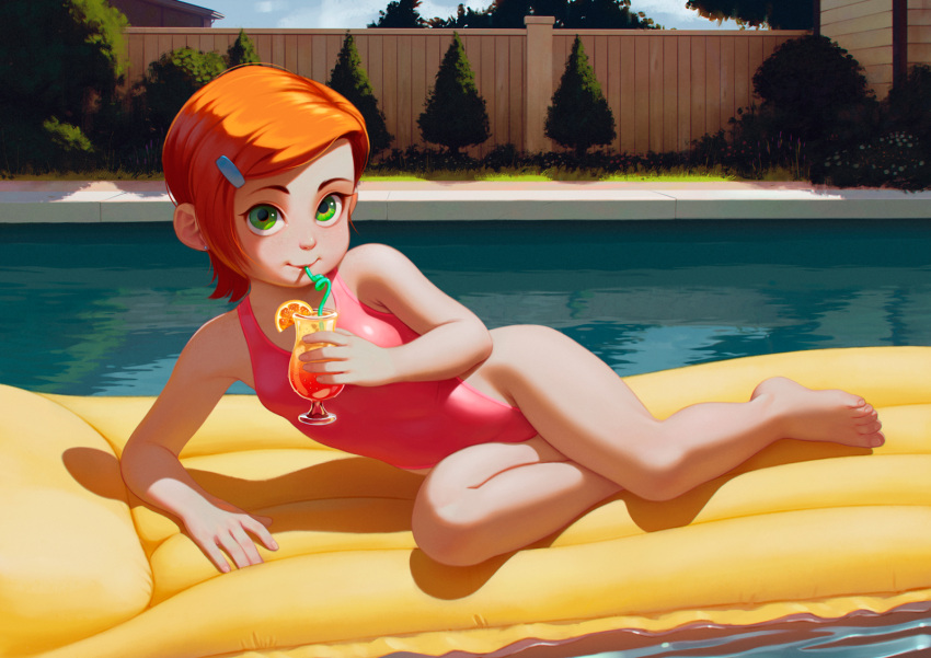 1girl alkemanubis barefoot ben_10 cartoon_network child cup drinking drinking_glass drinking_straw feet gwendolyn_tennyson inflatable_raft looking_at_viewer one-piece_swimsuit orange_hair pool swimsuit