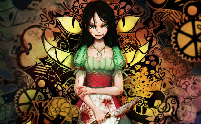 1girl alice_(american_mcgee's) american_mcgee's_alice american_mcgee's_alice_madness_returns apron black_hair blood blood_on_face bloody_clothes bloody_weapon gear green_eyes holding holding_weapon jewelry lipstick long_hair looking_at_viewer makeup necklace qian_ye_2.s smile solo weapon weapons