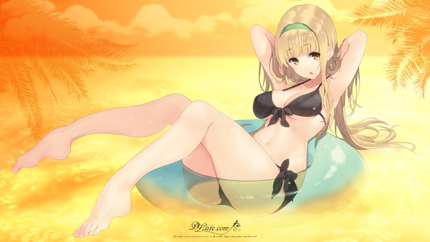 1girl armpits arms_behind_head arms_up barefoot bikini blonde_hair breasts cleavage curvy dille_blood dlsite.com feet hairband headband large_breasts long_hair looking_at_viewer navel original paseri sitting solo swim_ring swimsuit wide_hips yellow_eyes