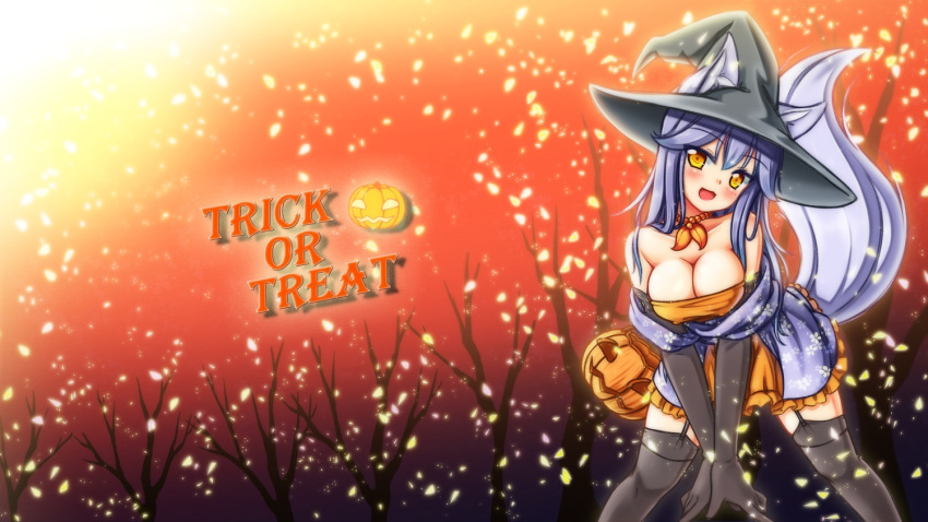 1girl animal_ears bare_shoulders blush breasts cherry_blossoms cleavage elbow_gloves erect_nipples fox gloves halloween hat jewelry kabukiri_hime leaning_forward long_hair looking_at_viewer necklace playjoe2005 pumpkin purple_hair shikihime_zoushi skirt skirt_lift sky smile solo standing tail thigh-highs tree yellow_eyes