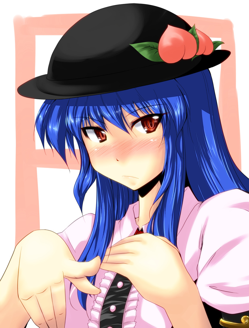 1girl black_hat blue_hair blush buttons food frills fruit hat highres hinanawi_tenshi long_hair looking_at_viewer neck_ribbon nose_blush peach pointing pointing_at_viewer puffy_short_sleeves puffy_sleeves red_eyes ribbon shirt short_sleeves solo suteru_(stiel) touhou upper_body white_blouse white_shirt