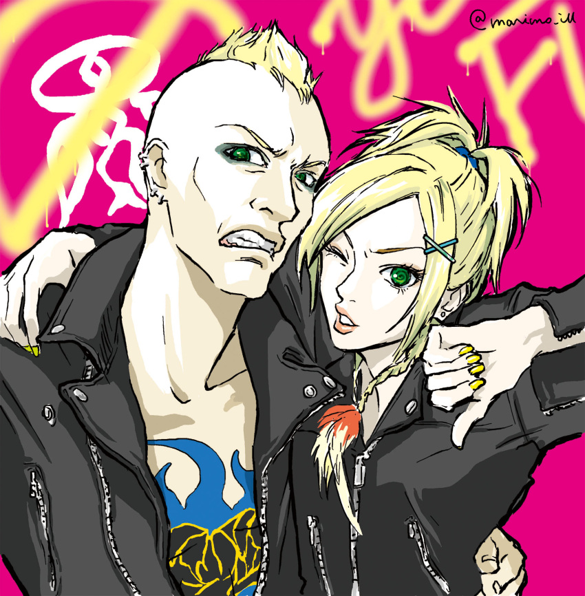 00s 1boy 1girl al_bhed_eyes aniki_(ff10) bad_id blonde_hair brother_and_sister final_fantasy final_fantasy_x final_fantasy_x-2 green_eyes hair_ornament hairclip highres marimoriah mohawk open_clothes open_shirt parted_lips punk rikku shirt siblings tattoo thumbs_down twitter_username x_hair_ornament