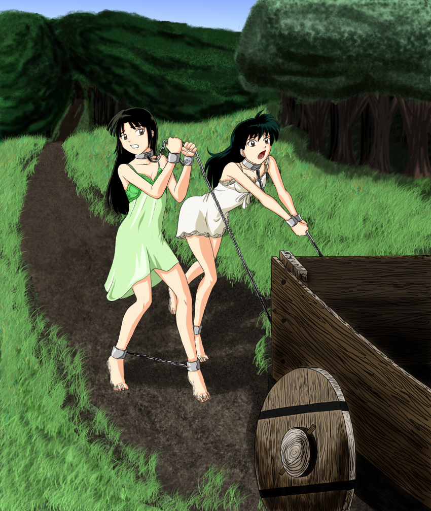 2girls absurdres barefoot bdsm black_hair bondage bound bound_ankles bound_wrists brown_eyes cart chains collar cuffs dirty_feet grass highres higurashi_kagome inuyasha leash leash_pull long_hair multiple_girls nightgown outdoors rocatr88 sango shackles slave