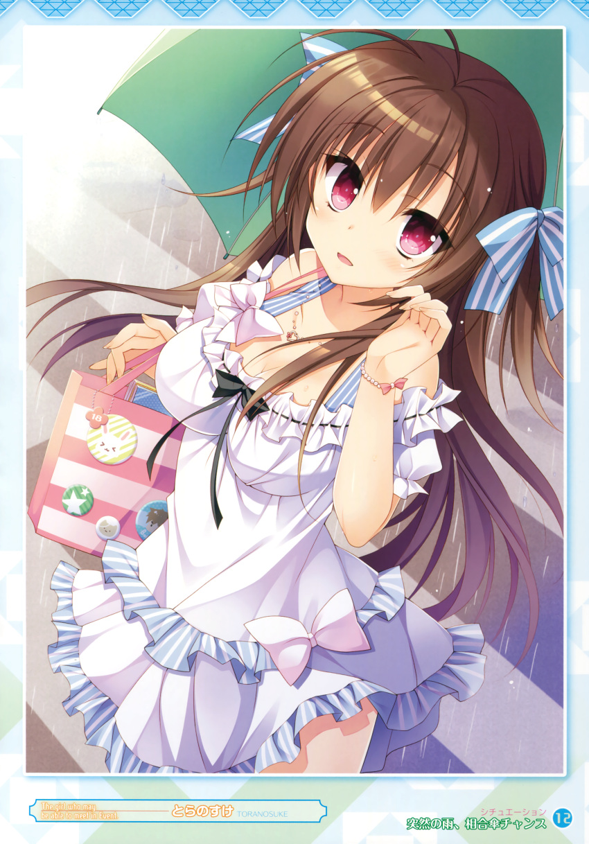1girl absurdres antenna_hair bag blue_ribbon bow bracelet breasts brown_hair cleavage collarbone dress floating_hair hair_bow highres jewelry large_breasts long_hair necklace original parted_lips red_eyes ribbon solo striped striped_ribbon tanding toranosuke very_long_hair white_dress