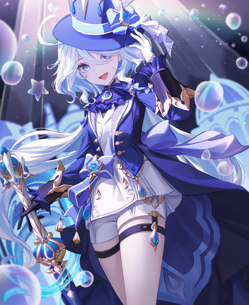 1girl absurdres ahoge air_bubble ascot asymmetrical_gloves black_gloves blue_ascot blue_bow blue_brooch blue_eyes blue_hair blue_headwear blue_jacket bow bubble cowboy_shot furina_(genshin_impact) genshin_impact gloves gosmfl hat heterochromia highres jacket light_blue_hair long_hair looking_at_viewer mismatched_gloves multicolored_hair open_mouth shorts smile solo spotlight standing streaked_hair top_hat two-tone_hair vision_(genshin_impact) white_gloves white_hair white_shorts