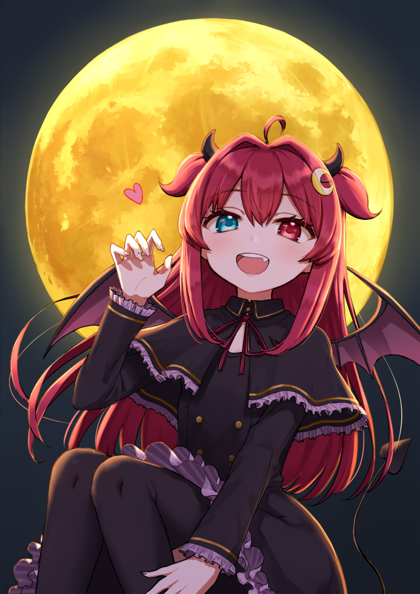1girl :d ahoge azu_(azusayumix) black_capelet black_dress black_legwear blue_eyes capelet claw_pose commentary_request crescent crescent_hair_ornament demon_girl demon_horns demon_tail demon_wings dress fang feet_out_of_frame frilled_capelet frilled_dress frilled_sleeves frills full_moon hair_intakes hair_ornament hand_up heterochromia highres horns knees_together_feet_apart long_hair long_sleeves looking_at_viewer moon neck_ribbon nijisanji pantyhose purple_wings red_eyes red_ribbon redhead ribbon smile solo tail tail_raised two_side_up very_long_hair virtual_youtuber wings yuzuki_roa