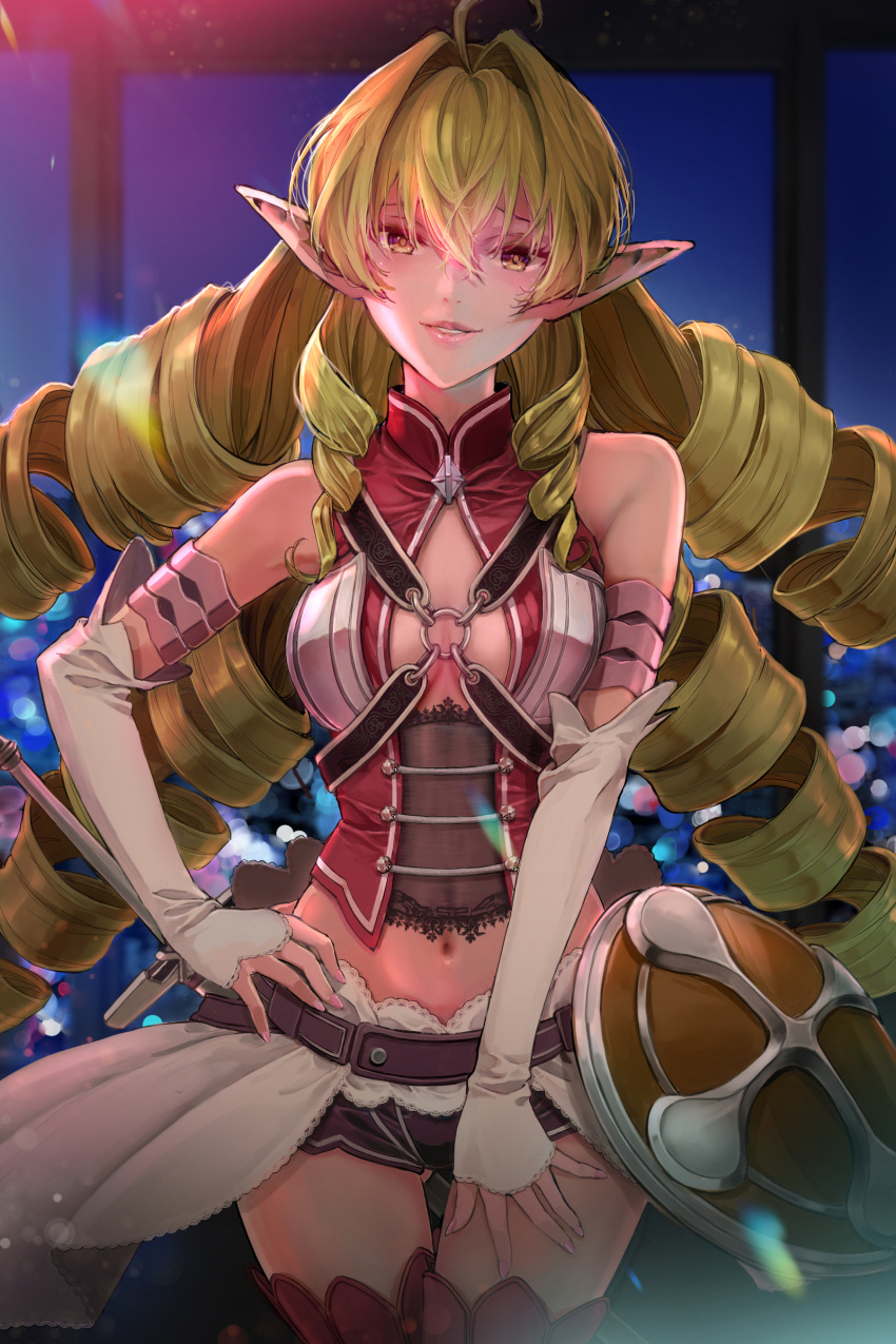 1girl absurdres blonde_hair breasts commentary drill_hair elinalise_dragonroad esojima_gary eyelashes happy highres lens_flare long_hair looking_at_viewer midriff mushoku_tensei navel pointy_ears shorts sideboob smile solo standing yellow_eyes