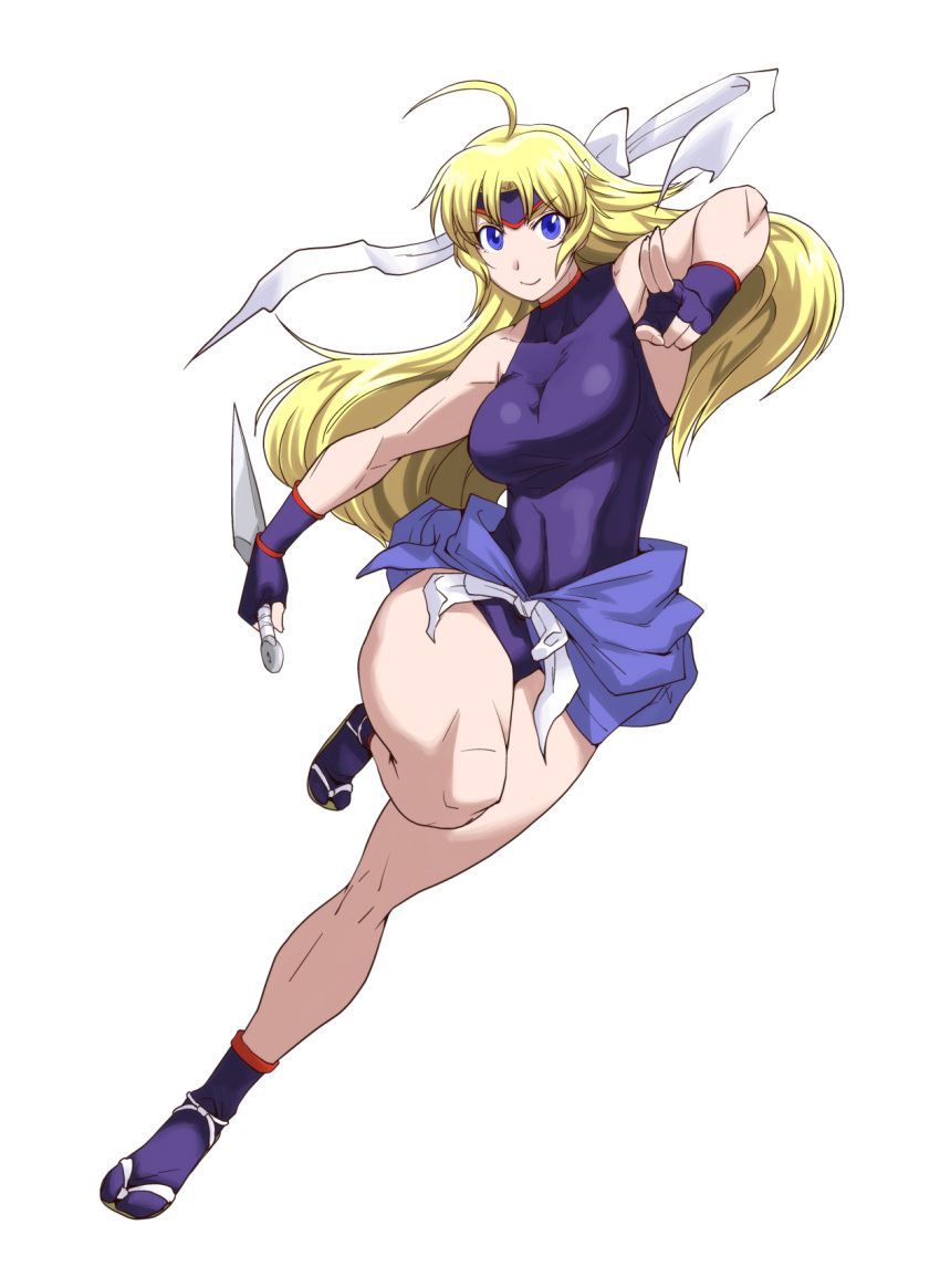 1girl blonde_hair blue_eyes breasts female headband japanese_clothes kunai large_breasts leotard martial_champion racheal smile thigh-highs weapon