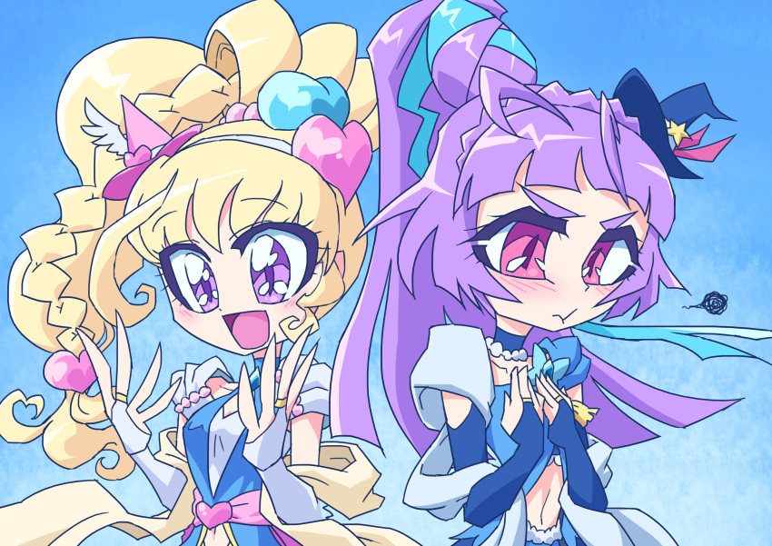 2girls :d :t absurdres ahoge asahina_mirai black_hat blonde_hair braid bridal_gauntlets choker commentary_request cure_magical cure_miracle hair_ornament hat heart_hair_ornament highres izayoi_liko magical_girl mahou_girls_precure! mini_hat mini_witch_hat multiple_girls navel open_mouth otokamu pink_hat precure purple_hair sapphire_style smile upper_body violet_eyes witch_hat
