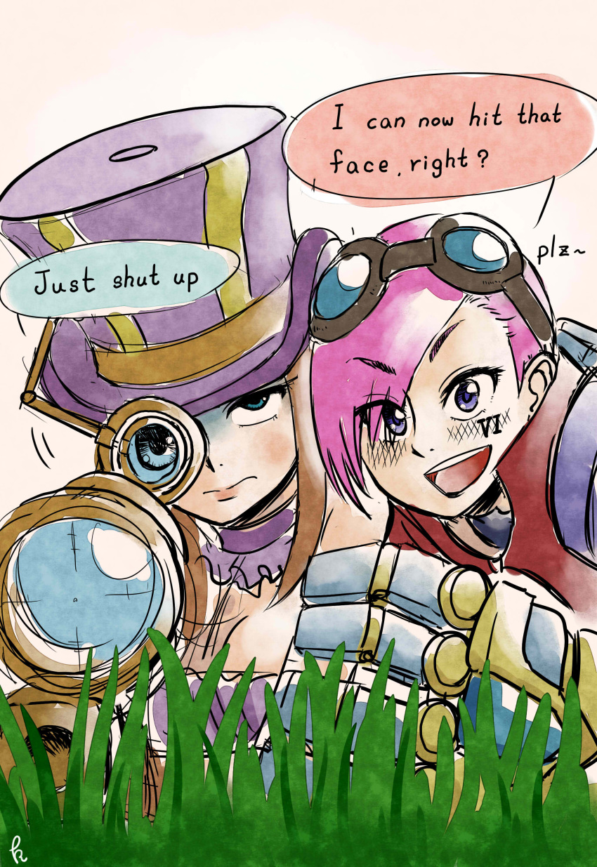 &gt;:d 2girls :d absurdres blue_eyes blush breasts brown_hair caitlyn_(league_of_legends) catnap_knight_kureto cheek-to-cheek choker cleavage english engrish frown goggles goggles_on_head grass gun hat highres league_of_legends mechanical_arm multiple_girls open_mouth pink_hair ranguage rifle scope shaded_face smile sniper_rifle top_hat vi_(league_of_legends) violet_eyes weapon
