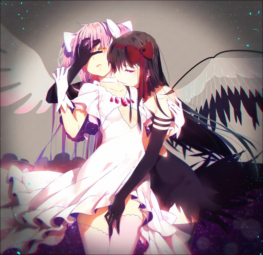 2girls akemi_homura akuma_homura argyle argyle_legwear bare_shoulders black_dress black_gloves black_hair black_wings bow choker dress elbow_gloves feathered_wings gloves goddess_madoka hair_bow hair_ribbon hakusai_(tiahszld) hand_on_another's_head hand_on_another's_leg kaname_madoka long_hair magical_girl mahou_shoujo_madoka_magica mahou_shoujo_madoka_magica_movie md5_mismatch multiple_girls pink_hair pink_legwear ribbon soul_gem spoilers two_side_up violet_eyes white_dress white_gloves wings yellow_eyes yuri