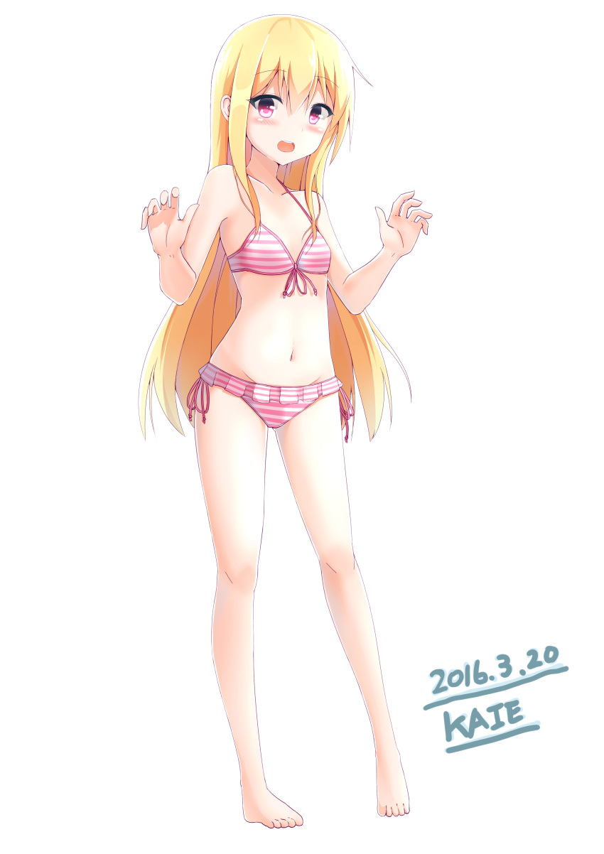 1girl absurdres bikini blonde_hair blush breasts full_body highres kaieee long_hair looking_at_viewer open_mouth original red_eyes small_breasts solo standing swimsuit