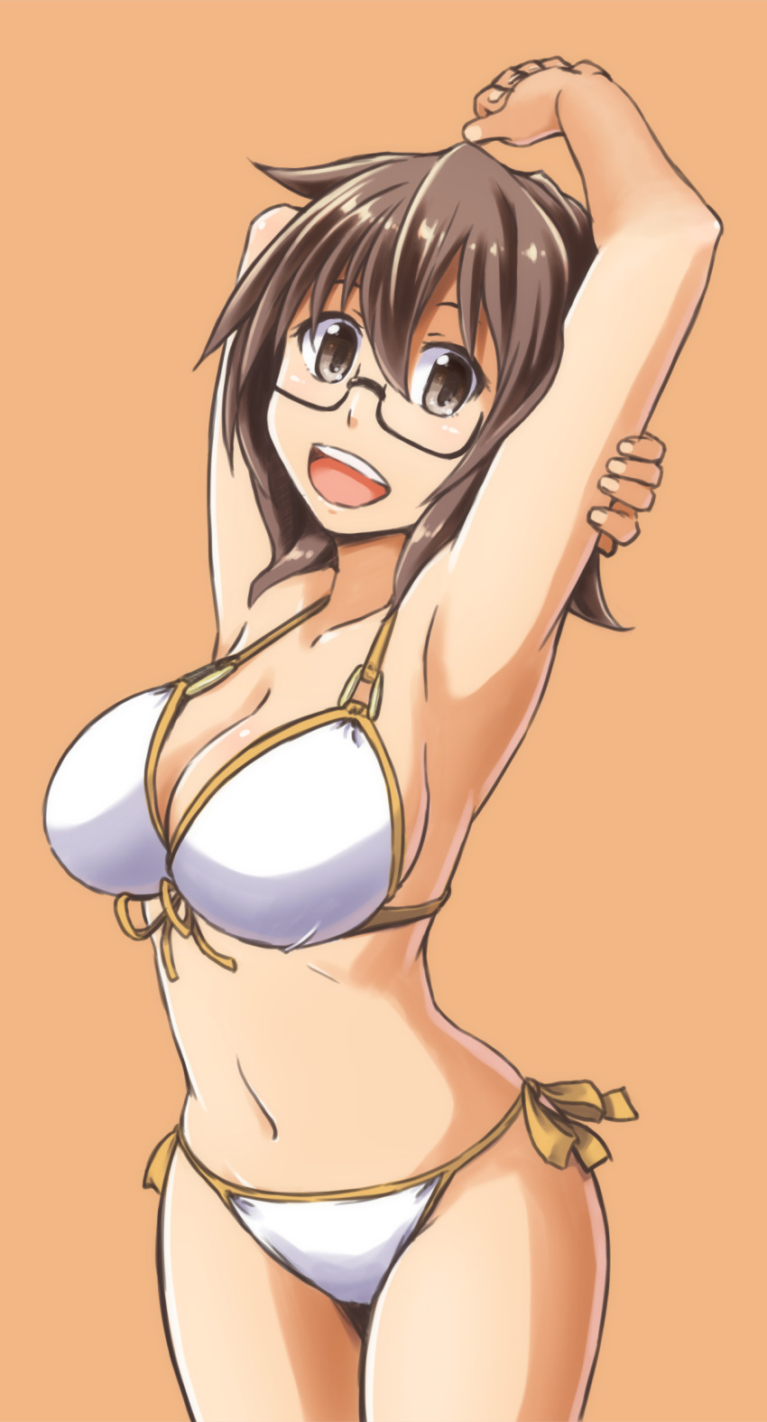 1girl :d absurdres alto-00 armpits arms_up aussa bikini breasts brown_eyes brown_hair cowboy_shot duel_monster front-tie_bikini front-tie_top glasses highres large_breasts looking_at_viewer navel open_mouth short_hair side-tie_bikini smile solo stretch swimsuit white_bikini yu-gi-oh!