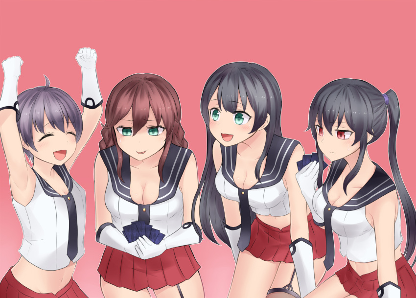 agano_(kantai_collection) arms_up bangs black_hair breasts brown_hair card cleavage closed_eyes commentary_request elbow_gloves garter_straps gloves green_eyes hair_between_eyes hair_ornament hair_scrunchie highres holding holding_card kantai_collection long_hair midriff miniskirt navel necktie neit_ni_sei noshiro_(kantai_collection) open_mouth playing_card ponytail purple_hair red_eyes sakawa_(kantai_collection) school_uniform scrunchie serafuku sidelocks skirt sleeveless smile sweatdrop thigh-highs yahagi_(kantai_collection)