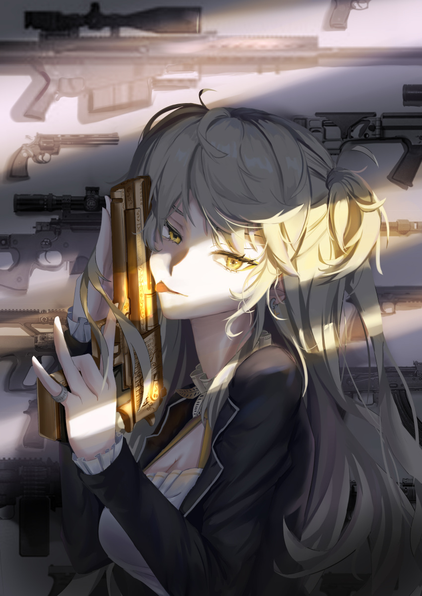 1girl absurdres ammunition assault_rifle bangs black_jacket blonde_hair breasts closed_mouth desert_eagle desert_eagle_(girls'_frontline) eyebrows_visible_through_hair frost2042 girls_frontline gun handgun highres holding holding_gun holding_weapon jacket jewelry licking licking_weapon long_hair looking_at_viewer open_clothes open_jacket profile revolver rifle ring solo tongue tongue_out upper_body weapon yellow_eyes