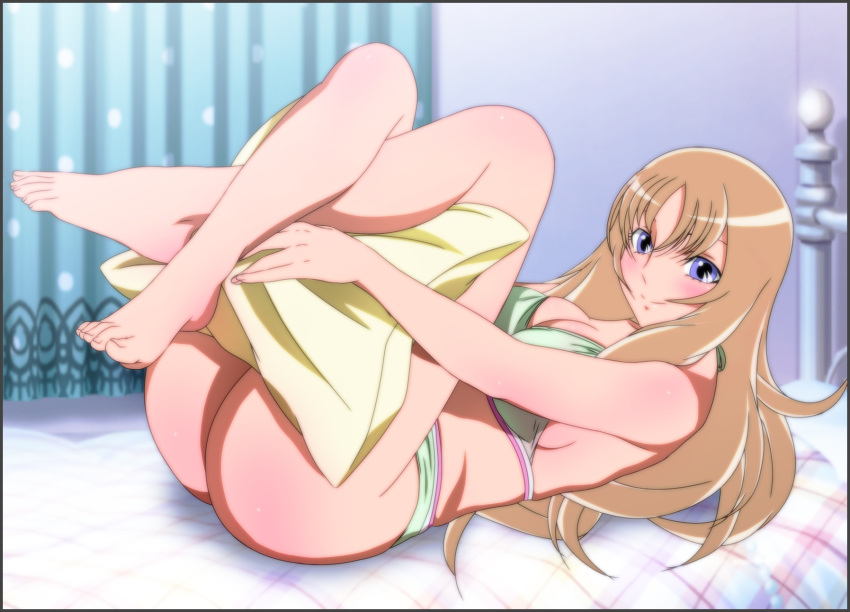 1girl aquila_yuna ass bare_arms bare_legs bare_shoulders barefoot bed bikini blonde_hair blue_eyes blush breasts cleavage feet highres indoors large_breasts legs legs_up long_hair looking_at_viewer lying on_back on_bed pillow saint_seiya saint_seiya_omega smile solo swimsuit thighs toes yadokari_genpachirou