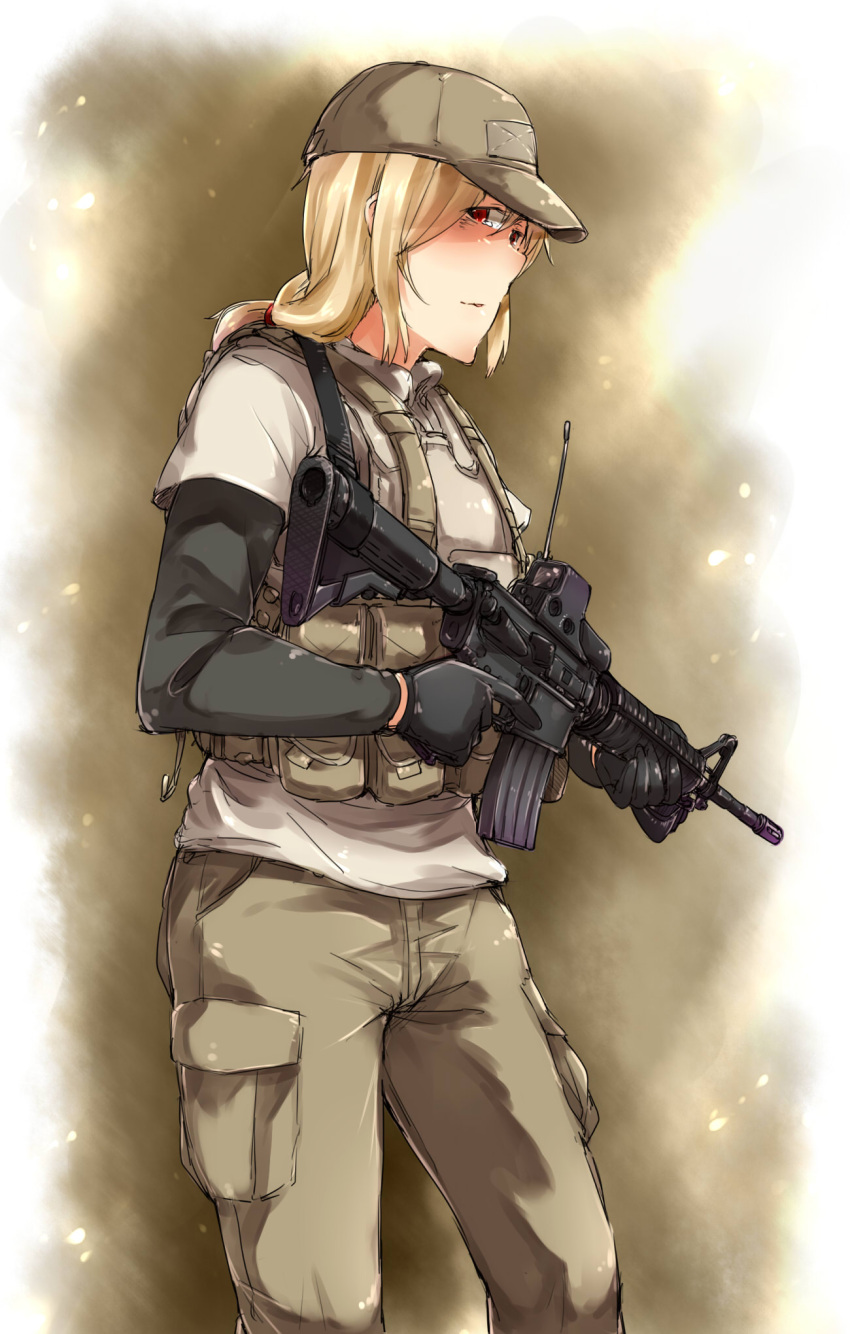 1girl assault_rifle ayyh baseball_cap blonde_hair cargo_pants gun hat highres load_bearing_vest m4_carbine operator original pants rifle trigger_discipline weapon