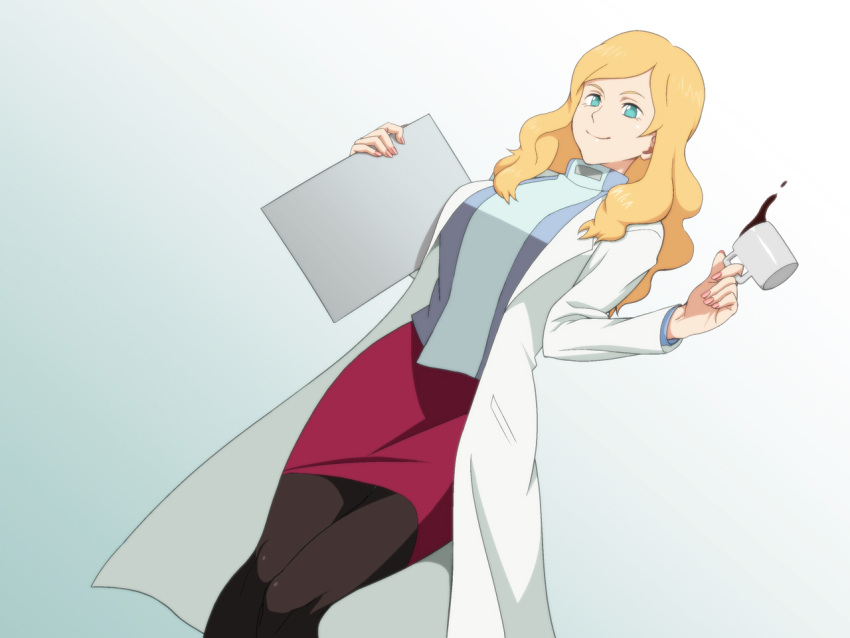 1girl 4st_injection anna_christine aqua_eyes blonde_hair blue_eyes breasts coffee cup detached_collar highres holding labcoat large_breasts legs long_hair looking_away majin_bone nail_polish pantyhose pink_nails red_skirt simple_background skirt smile solo standing thighs