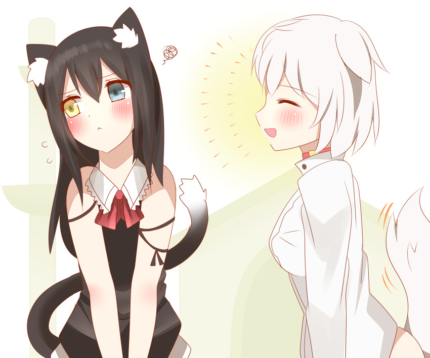 2girls :&lt; :d ^_^ animal_ear_fluff animal_ears bangs bare_shoulders black_hair black_shirt blue_eyes blush cat_ears cat_girl cat_tail closed_eyes closed_mouth collared_shirt dog_ears dog_girl dog_tail eyebrows_visible_through_hair flying_sweatdrops hair_between_eyes heterochromia highres long_hair multiple_girls non_(wednesday-classic) open_mouth original personification profile shirt sleeveless sleeveless_shirt smile squiggle tail tail_raised white_hair white_shirt yellow_eyes