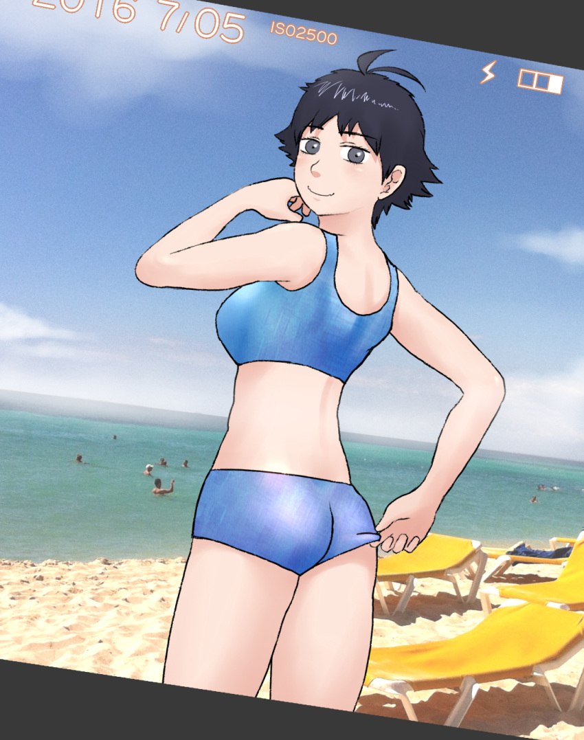 1girl adjusting_clothes adjusting_swimsuit antenna_hair ass black_hair from_behind grey_eyes highres joe_doudou looking_back makoto_(street_fighter) photo_background short_hair solo street_fighter swimsuit tankini very_short_hair viewfinder