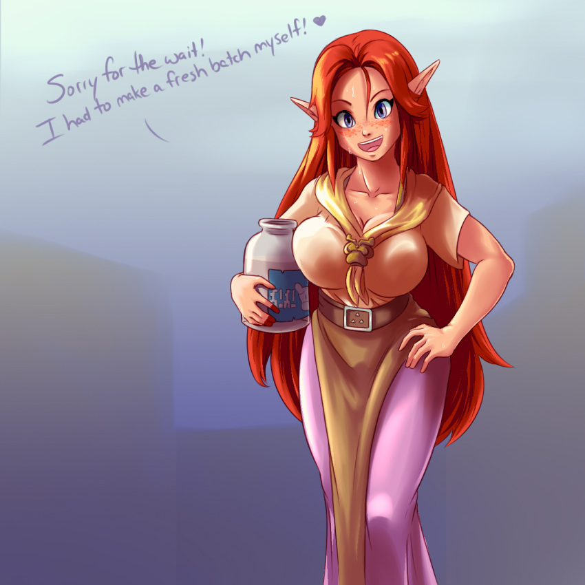 blue_eyes breasts cleavage elf freckles heart large_breasts long_hair long_skirt malon open_mouth plague_of_gripes pointy_ears purple_skirt redhead skirt spoken_heart sweat the_legend_of_zelda the_legend_of_zelda:_ocarina_of_time very_long_hair