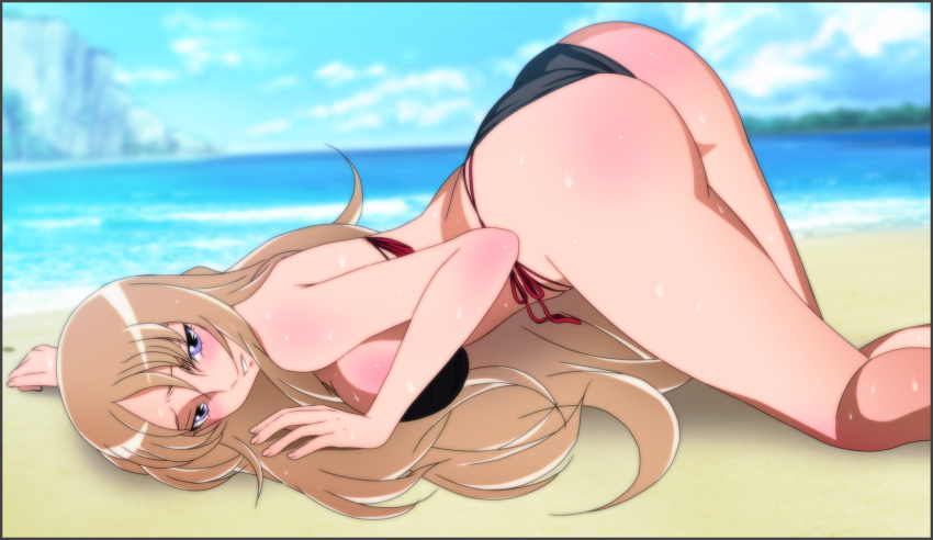 1girl aquila_yuna ass bare_arms bare_legs bare_shoulders beach bikini black_bikini blonde_hair blue_eyes blush breast_press breasts highres huge_ass large_breasts legs long_hair looking_at_viewer ocean outdoors saint_seiya saint_seiya_omega sand sky solo sweat swimsuit thighs top-down_bottom-up water yadokari_genpachirou