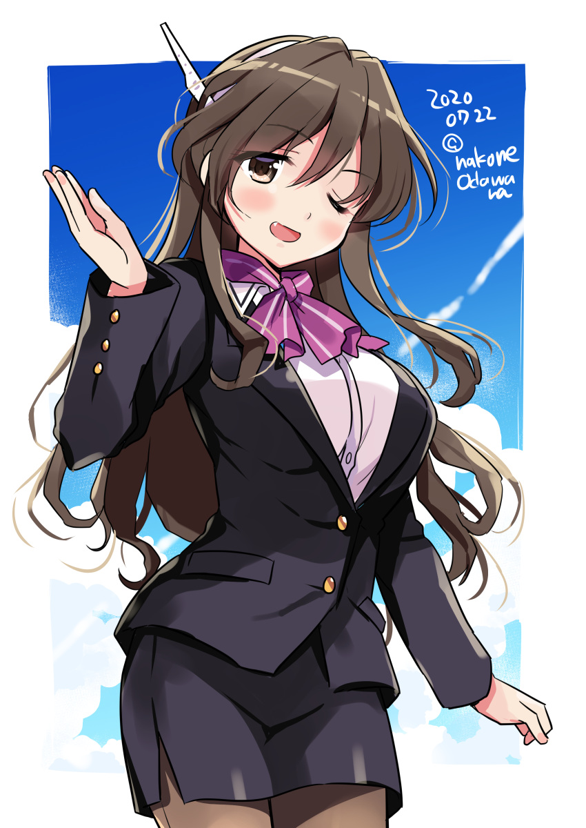 1girl absurdres alternate_costume ashigara_(kantai_collection) black_legwear black_skirt blush breasts brown_eyes brown_hair buttons cowboy_shot dated eyebrows_visible_through_hair fang fang_out flight_attendant hairband highres horned_headwear kantai_collection large_breasts long_hair long_sleeves odawara_hakone one_eye_closed open_mouth pantyhose pencil_skirt purple_neckwear shirt skirt smile solo twitter_username white_hairband white_shirt