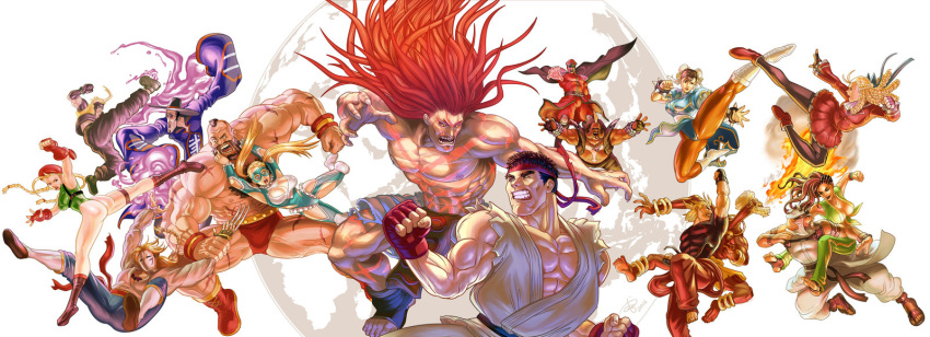 5girls 6+boys abs balrog battle benjamin_ang beret birdie_(street_fighter) cammy_white capcom charlie_nash chun-li dhalsim everyone f.a.n.g kanzuki_karin ken_masters laura_matsuda mask mohawk multiple_boys multiple_girls muscle necalli rainbow_mika rashid_(street_fighter) ryuu_(street_fighter) scar street_fighter street_fighter_v vega zangief