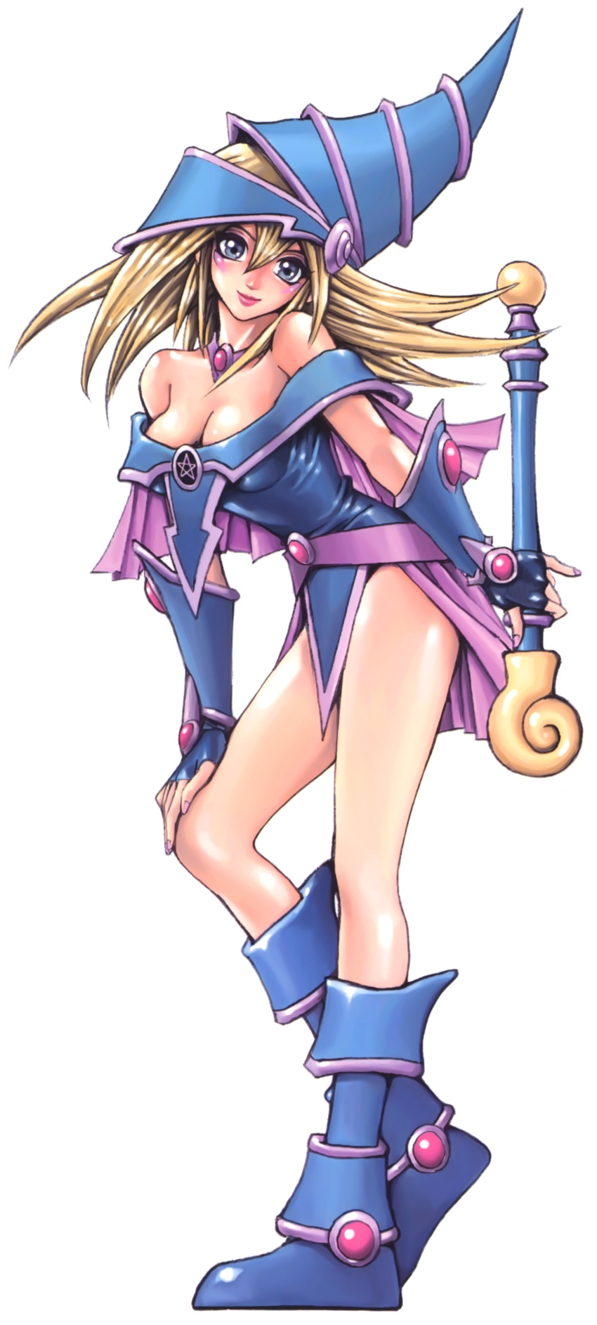 1girl bare_legs bare_shoulders blonde_hair boots breasts dark_magician_girl duel_monster female hat highres large_breasts legs long_hair magical_girl skirt smile solo wand wizard_hat yu-gi-oh! yuu-gi-ou_duel_monsters