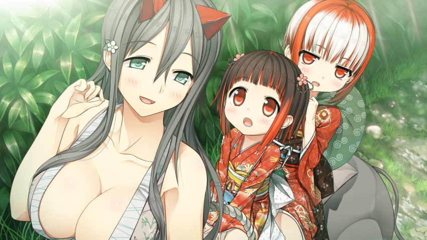 3girls bag bare_arms bare_shoulders blush breasts cleavage collarbone cura emi_(monobeno) eyebrows eyebrows_visible_through_hair flat_(company) flower game_cg green_eyes grey_hair hair_flower hair_ornament highres holding japanese_clothes kimono large_breasts legs long_hair long_sleeves looking_at_another looking_back monobeno monster_girl multicolored_hair multiple_girls obi open_mouth outdoors over_shoulder parted_lips red_eyes sash short_hair sitting sleeveless smile sumi_(monobeno) tail thighs tooko_(monobeno) wide_sleeves