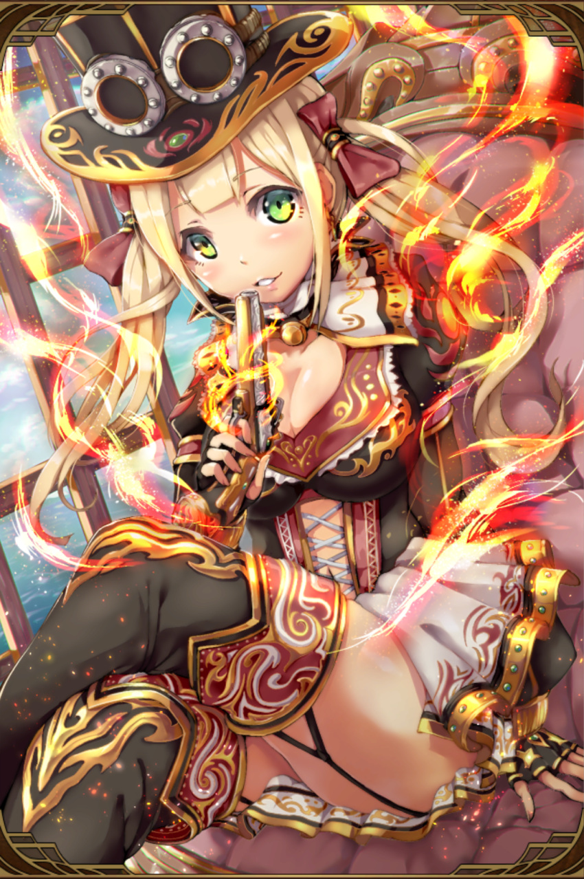 1girl armadillo-tokage blonde_hair bow breasts cleavage corset couch fingerless_gloves fire gem gloves goggles_on_hat grand_sphere gun hair_bow hat highres multicolored_eyes skirt smile solo thigh-highs twintails weapon window zettai_ryouiki