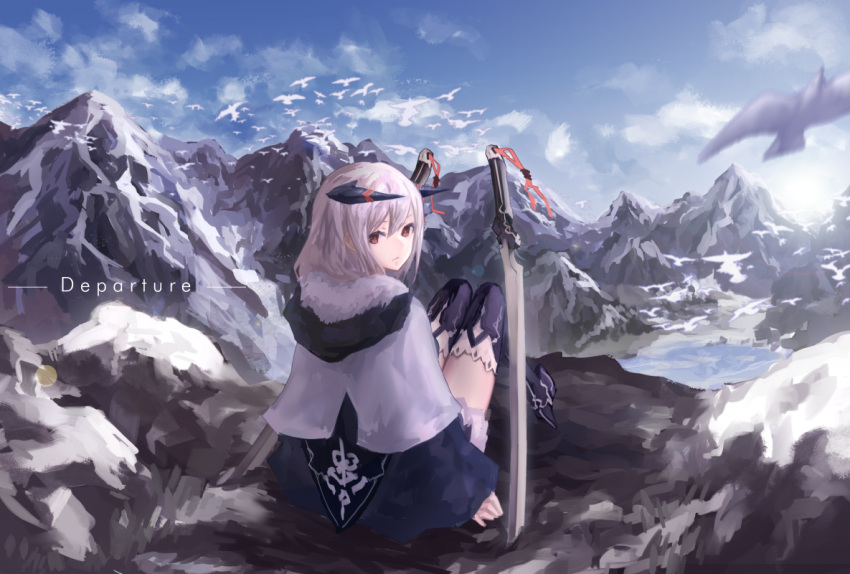 1girl blue_sky cancell capelet closed_mouth clouds commentary dual_wielding hair_between_eyes horns kneehighs knees_together_feet_apart looking_back mountain original outdoors red_eyes scenery silver_hair sitting sky snow solo sword weapon