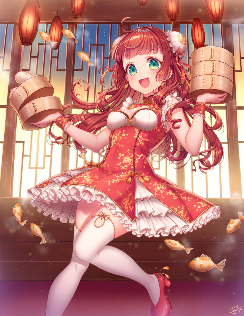 1girl 2016 :3 :d ahoge aqua_eyes artist_name bamboo_steamer baozi bare_arms blush breasts brown_hair bun_cover chinese_clothes cleavage cleavage_cutout dated double_bun dress earrings eyebrows eyebrows_visible_through_hair fish flying_fish food frilled_dress frills goldfish heart highres holding indoors jewelry lantern long_hair looking_at_viewer medium_breasts night night_sky one_leg_raised open_mouth original paper_lantern sakura_shiho_(shihoncake) shoes sky sleeveless sleeveless_dress smile solo standing thigh-highs underbust white_legwear window wrist_cuffs
